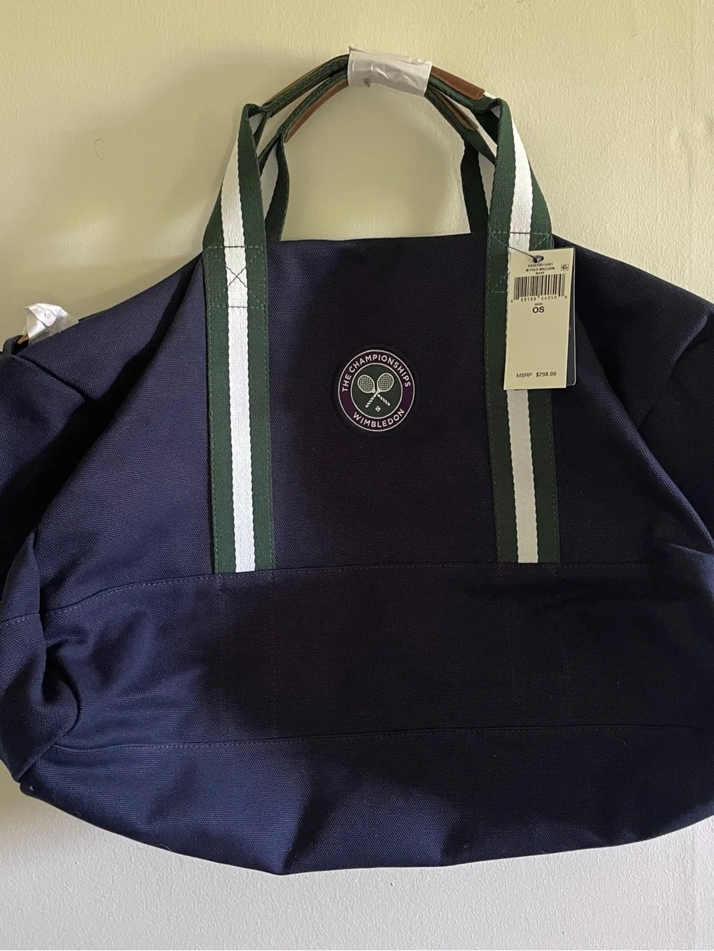 Ralph Lauren Wimbledon Navy Canvas Tote with Green & White Striped Handles